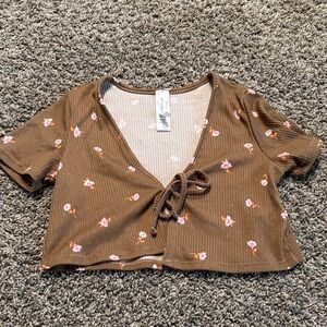 Floral Tie-Front Brown Crop Top